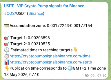 Trading signal proof: COS pump from Binance, 13 May 2026, 08:42