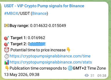 Real-time proof of MBOX pump signal on Binance, 13 May 2026, 09:47