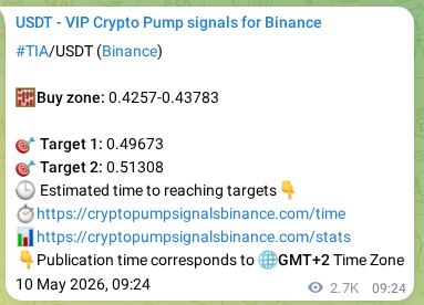 Crypto trading signal proof: TIA pump on Binance, 13 May 2026, 11:49