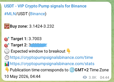Crypto pump signal proof: MLN on Binance, 14 May 2026, 13:57