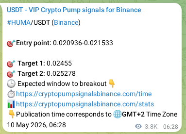 Binance trading signal proof for HUMA pump, 14 May 2026, 14:46