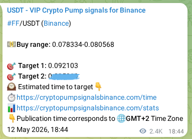 Crypto pump signal proof: FF on Binance, 15 May 2026, 12:38