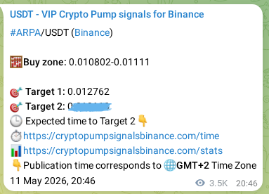 Trading signal proof: ARPA pump from Binance, 15 May 2026, 20:57