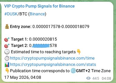 View the proof of DUSK pump signal on Binance at 17 May 2026, 16:29 Proof of DUSK pump signal on Binance at 17 May 2026, 16:29