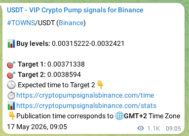 Crypto market signal proof: TOWNS pump on Binance, 18 May 2026, 16:03
