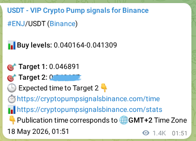 Binance trading signal proof for ENJ pump, 19 May 2026, 16:15
