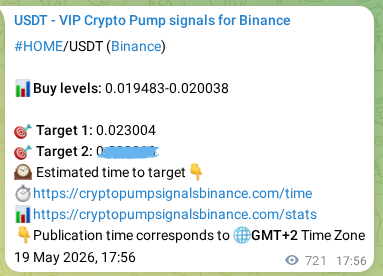 Crypto pump signal proof: HOME on Binance, 20 May 2026, 13:55