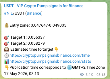 Crypto trading signal proof: NIL pump on Binance, 20 May 2026, 16:45