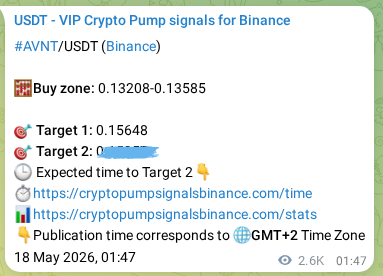 Binance pump signal proof for AVNT on 21 May 2026, 03:14