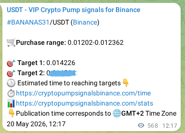 Crypto pump signal proof: BANANAS31 on Binance, 21 May 2026, 04:04