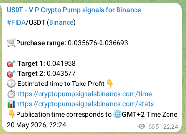 Crypto signal proof: FIDA pump on Binance, 21 May 2026, 16:17