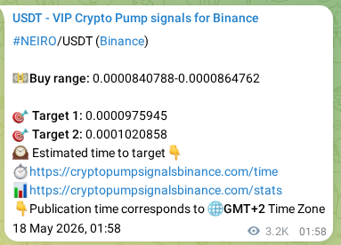 Signal proof for NEIRO pump on Binance at 21 May 2026, 19:29