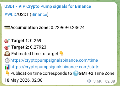 Binance pump signal proof for WLD on 22 May 2026, 05:21