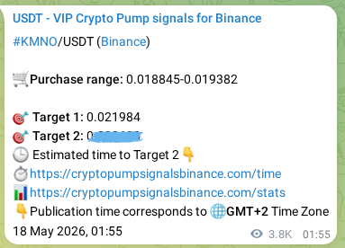 Crypto trading signal proof: KMNO pump on Binance, 22 May 2026, 10:38