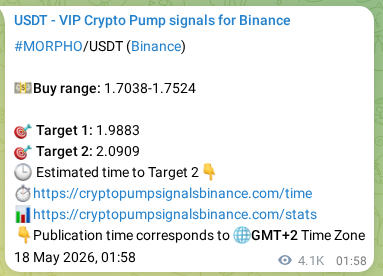 Trading signal proof: MORPHO pump from Binance, 23 May 2026, 20:21