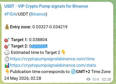 Authenticated proof of FIDA's pump signal on Binance at 24 May 2026, 17:17