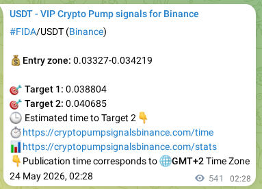 Binance trading signal proof for FIDA pump, 24 May 2026, 17:30
