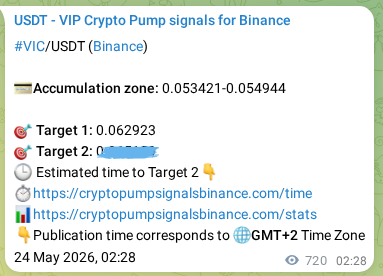 Trading signal proof: VIC pump from Binance, 24 May 2026, 22:27