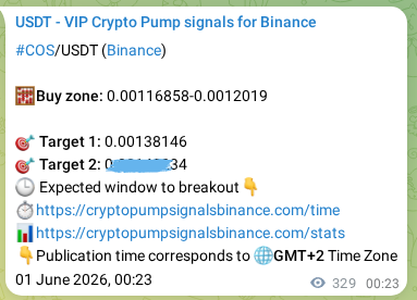 Market signal proof: COS pump from Binance, 01 June 2026, 09:31