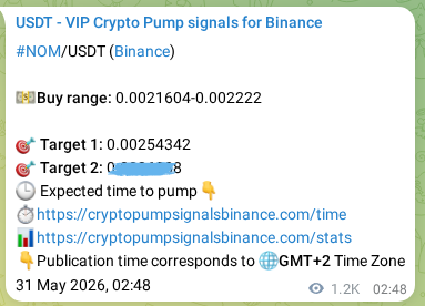 Live proof of NOM pump signal on Binance, 01 June 2026, 11:05