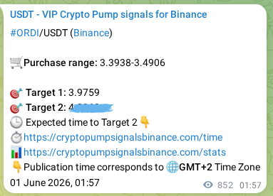 Proof of ORDI pump signal on Binance at 02 June 2026, 01:36