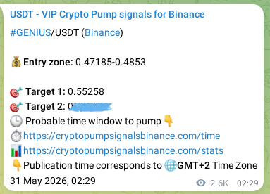 Authenticated proof of GENIUS's pump signal on Binance at 03 June 2026, 04:03