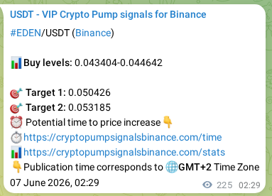 Binance trading signal proof for EDEN pump, 07 June 2026, 08:44