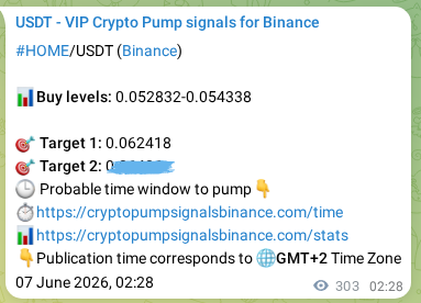 Trading signal proof: HOME pump from Binance, 07 June 2026, 10:53