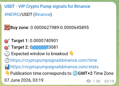 Binance trading signal proof for NEIRO pump, 09 June 2026, 07:44
