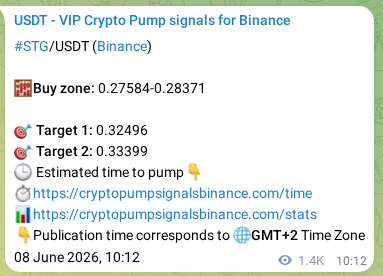 Proof of STG pump signal on Binance at 10 June 2026, 01:44