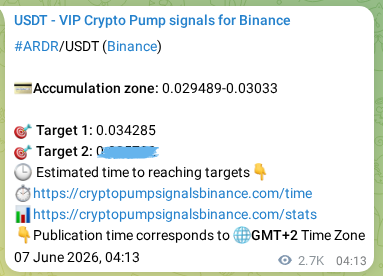 Binance trading signal proof for ARDR pump, 10 June 2026, 07:36