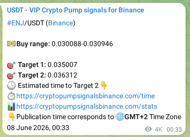 Live proof of ENJ pump signal on Binance, 12 June 2026, 16:04