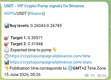 Authenticated proof of OPG's pump signal on Binance at 15 June 2026, 01:13