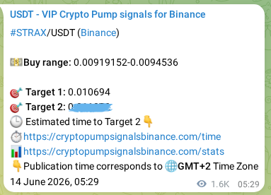 Authenticated proof of STRAX's pump signal on Binance at 16 June 2026, 02:30