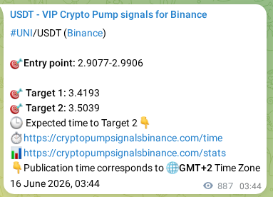 Authenticated proof of UNI's pump signal on Binance at 17 June 2026, 04:22