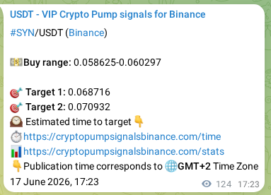 Authenticated proof of SYN's pump signal on Binance, 17 June 2026, 20:49