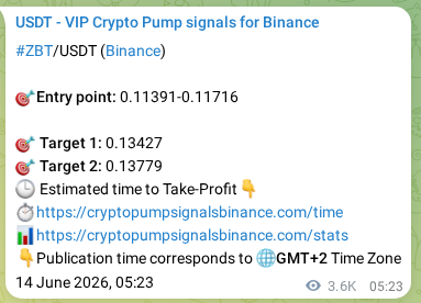 Binance trading signal proof for ZBT pump, 18 June 2026, 09:00