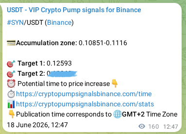 Binance exchange signal proof for SYN, 18 June 2026, 17:02
