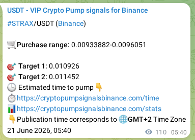 Trading signal proof: STRAX pump from Binance, 21 June 2026, 08:44