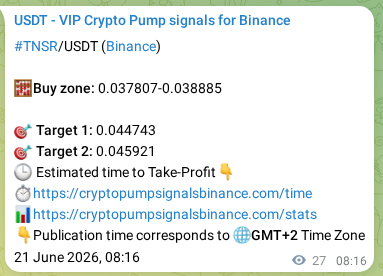 Crypto market signal proof: TNSR pump on Binance, 21 June 2026, 08:48