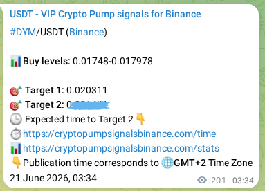 Binance pump signal data for DYM at 21 June 2026, 09:08