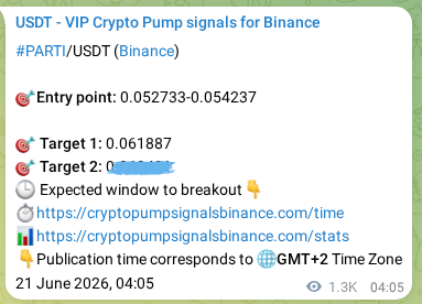 Authenticated proof of PARTI's pump signal on Binance, 22 June 2026, 16:16