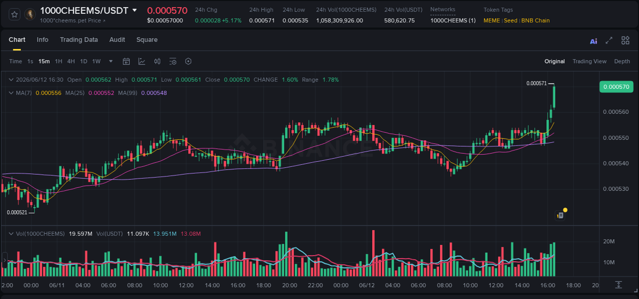 Live report of 1000CHEEMS pump on Binance, 12 June 2026, 16:31