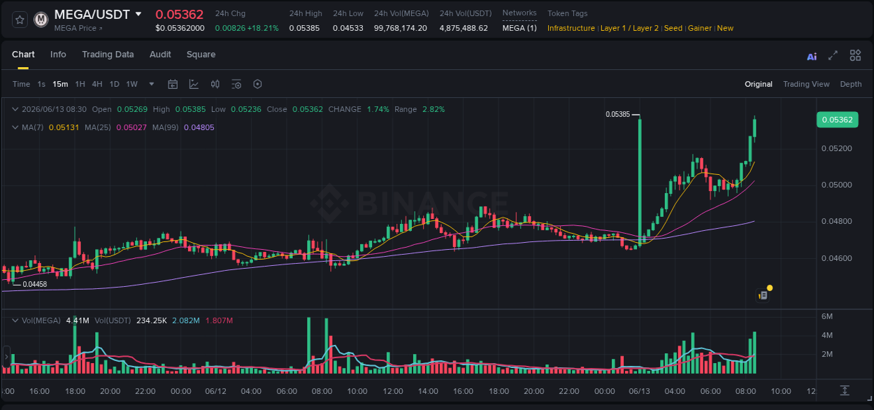 Binance pump data for MEGA at 13 June 2026, 08:38 Binance pump data for MEGA at 13 June 2026, 08:38