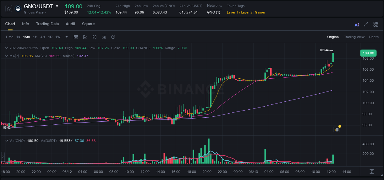 Learn about the GNO price movement analysis from Binance, 13 June 2026, 12:25 GNO trading report showing pump trends on Binance, 13 June 2026, 12:25