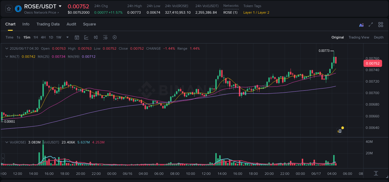Crypto pump report: ROSE on Binance, 17 June 2026, 04:28